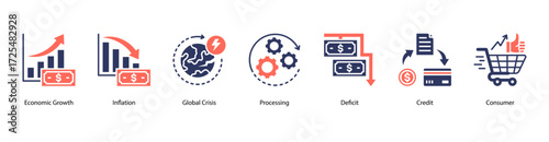 Market Reaction and Recovery web banner vector illustration featuring Economic Growth, Inflation, Global Crisis, Processing, Deficit, Credit, and Consumer.