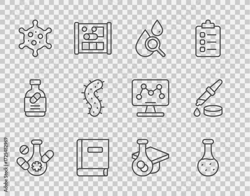 Set line Medicine pill, Test tube, Drop and magnifying glass, Science book, Virus, Graduation cap and Pipette icon. Vector