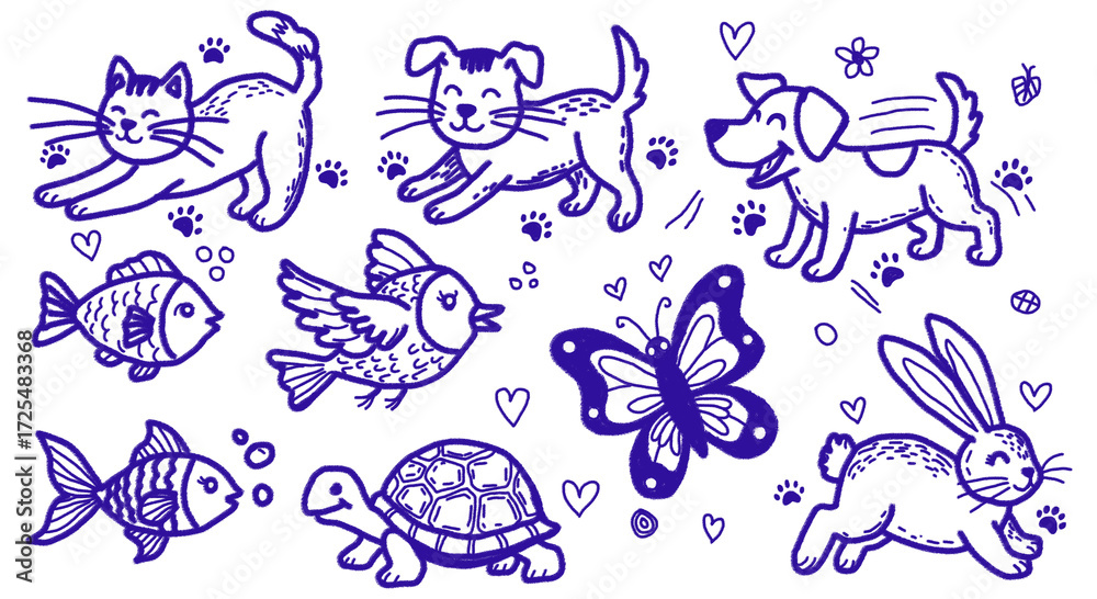 Obraz premium Illustration of cute animal hand drawn doodle set isolated on transparent background