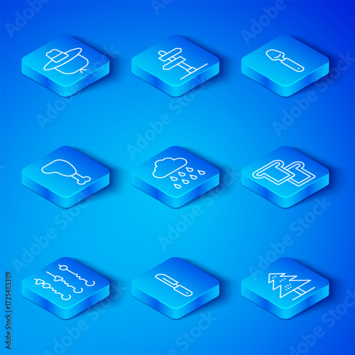 Set line Grilled shish kebab on skewer, Cloud with rain, Knife, Bread toast, Spoon, Chicken leg, Camping hat and Tree icon. Vector