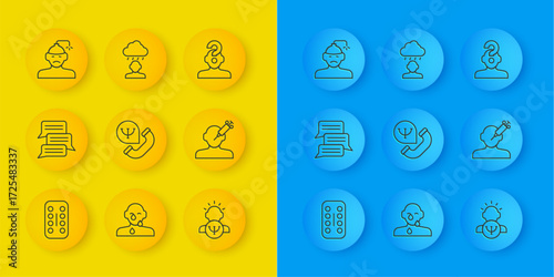 Set line Sedative pills, Online psychological counseling, Psychology, Addiction to the drug, Concussion, headache, Human with question mark and Depression and frustration icon. Vector