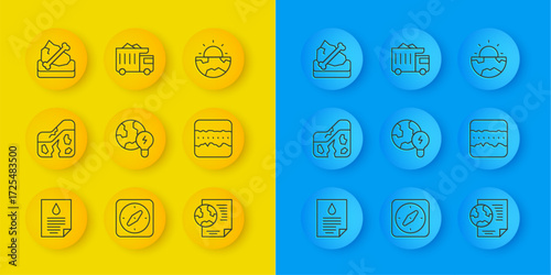 Set line Oil drop document, Geological fault, Global planet with bulb, Earth globe, Soil ground layers, Archeology, core structure crust and Mining dump truck icon. Vector
