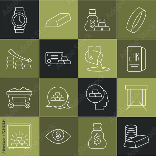 Set line Gold coin with gold bars, mine, 24k, Bag of, certificate, Falling arrow, Wrist watch and Molten being poured icon. Vector