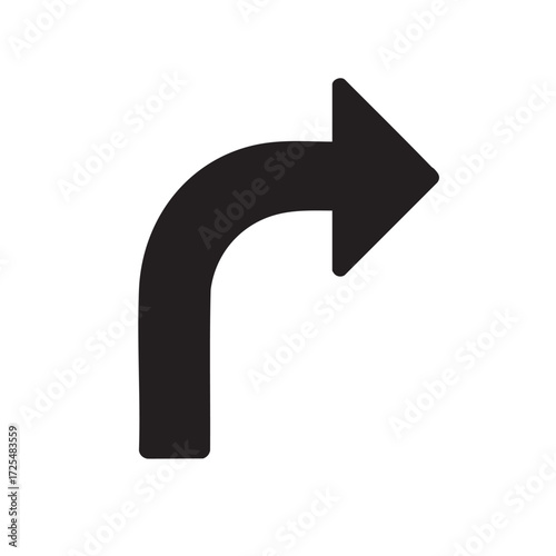 Simple black curved arrow pointing to the right indicating direction or a turn on a white background