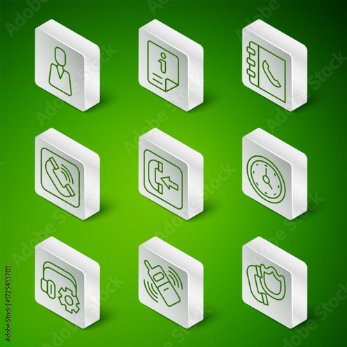 Set line Telephone handset with shield, Mobile, Employee, Incoming call, Information, Headphoneswith settings and Clock icon. Vector