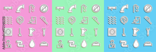 Set line Industry pipe and valve, Wrench spanner, Pipe adjustable wrench, Shower, Water meter, Wave, Broken with leaking water and Wastewater icon. Vector