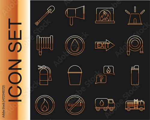 Set line Fire truck, Lighter, hose reel, Interior fireplace, Water drop, shovel and exit icon. Vector