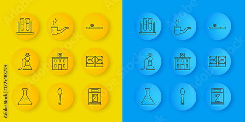 Set line Test tube and flask, Hookah, Medical hospital building, Cigarettes pack box, Stacks paper money cash, Opium pipe and Smoking icon. Vector