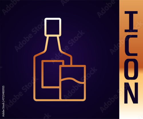 Gold line Whiskey bottle and glass icon isolated on black background. Vector