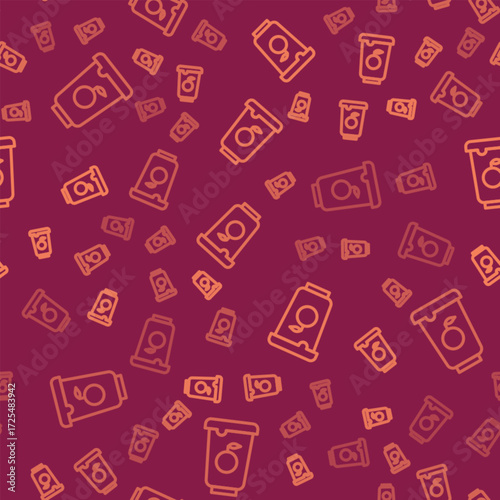 Brown line Yogurt container icon isolated seamless pattern on red background. Yogurt in plastic cup. Vector