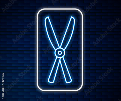 Glowing neon line Gardening handmade scissors for trimming icon isolated on brick wall background. Pruning shears with wooden handles. Vector
