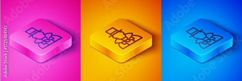 Isometric line Magician icon isolated on pink and orange, blue background. Square button. Vector