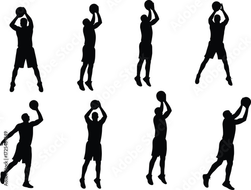 Basketball shooting silhouette set, jump shot pose, black design, athlete motion, sports icon, vector art, training graphic, dynamic action, court theme