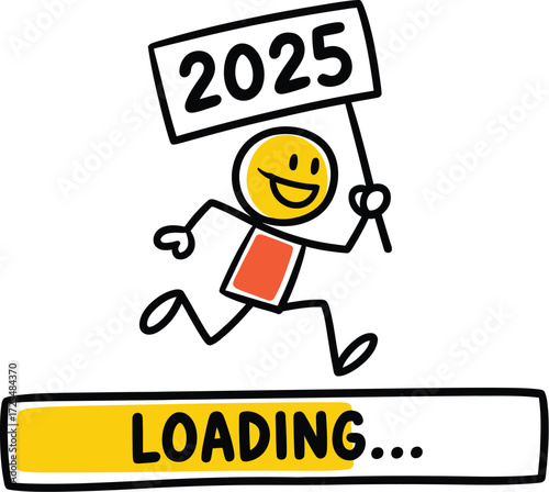 Happy stick figure running towards the year 2025 with a loading bar