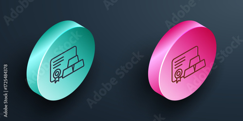 Isometric line Gold bars with certificate icon isolated on black background. Banking business concept. Turquoise and pink circle button. Vector