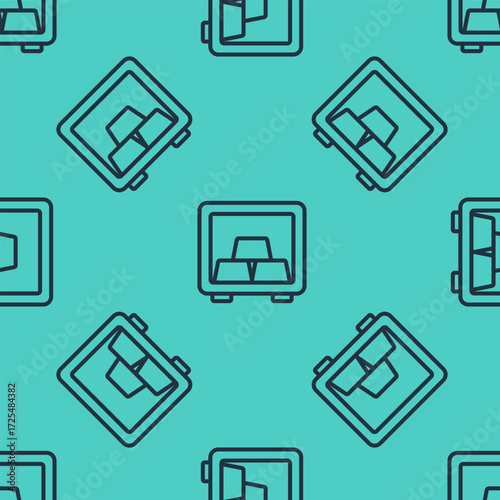 Black line Safe with gold bars icon isolated seamless pattern on green background. Precious metals on deposit in bank. Metallic treasury. Reliable data protection. Vector