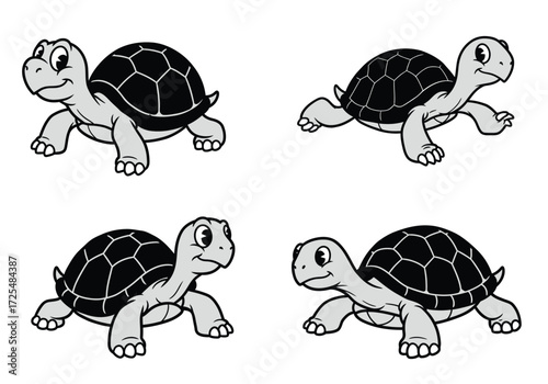 Four cartoon tortoises in different poses showing their shells and legs against a white background for illustration
