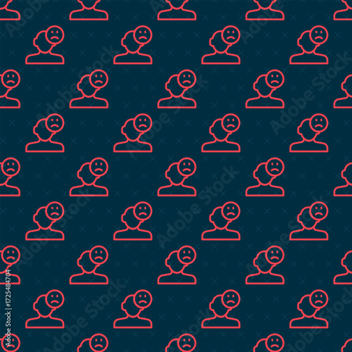 Red line Sad and depressed man, bad mood icon isolated seamless pattern on black background. Vector