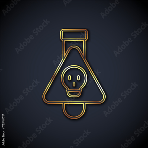 Gold line Bottle with potion icon isolated on black background. Flask with magic potion. Happy Halloween party. Vector