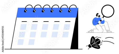 Desk calendar with marked days, man holding magnifying glass inspecting a bug. Ideal for planning, debugging, analysis, productivity, error detection, problem-solving, simple flat metaphor