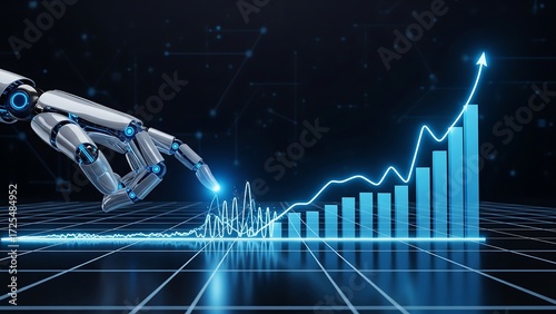 A robotic hand touches a rising digital bar graph, symbolizing the power of artificial intelligence in driving business growth and financial analysis.
