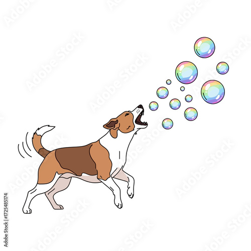 Energetic brown and white dog leaping and barking at colorful, floating bubbles. Dynamic vector illustration of playful outdoor fun.