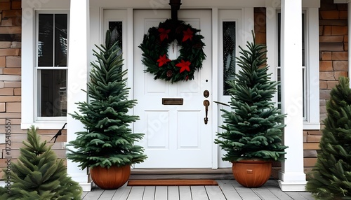 Festive front door display with christmas wreath and trees residential property seasonal decor outdoor close-up holiday spirit