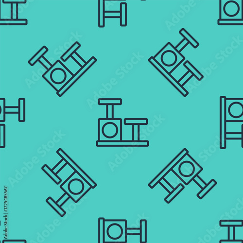 Black line Cat scratching post with toy icon isolated seamless pattern on green background. Vector