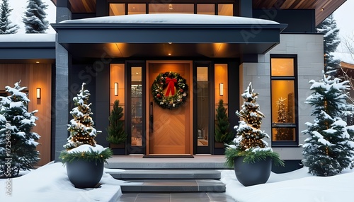 Winter holiday decoration modern home exterior festive scene snowy environment front view cozy atmosphere