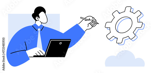 Person working on laptop and sketching gear, representing technology creation, problem-solving. Ideal for innovation, digital work, productivity, software development, business strategy, design