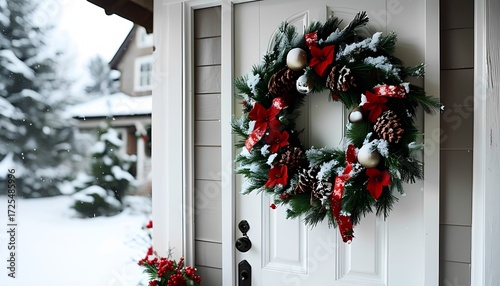 Festive christmas wreath on front door winter wonderland home decor snowy landscape close-up view holiday spirit