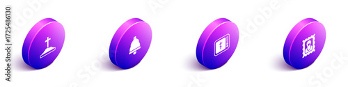 Set Isometric Grave with cross, Church bell, Online church pastor preaching and Christian icon icon. Vector