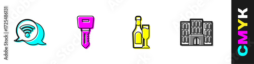Set Wi-Fi wireless internet, Hotel door lock key, Champagne bottle with glass and building icon. Vector