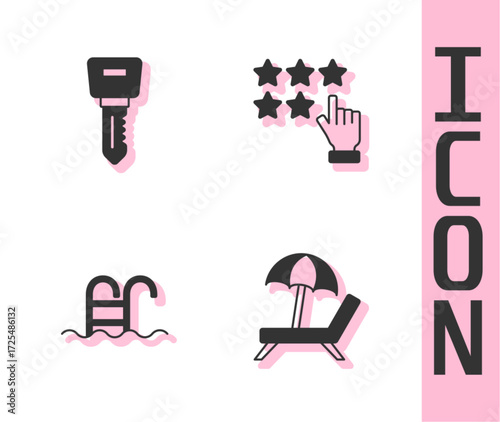 Set Sunbed with umbrella, Hotel door lock key, Swimming pool and Stars rating icon. Vector