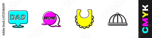 Set Speech bubble dad, mom, Baby bib and hat icon. Vector