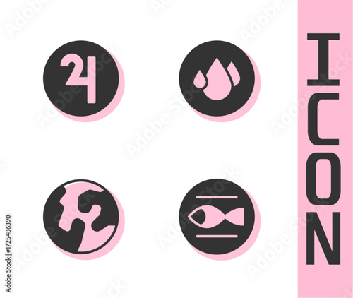 Set Pisces zodiac, Symbol Jupiter, Earth globe and Water drop icon. Vector
