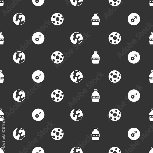 Set Bottle of water, Mars symbol, Earth globe and Full moon on seamless pattern. Vector