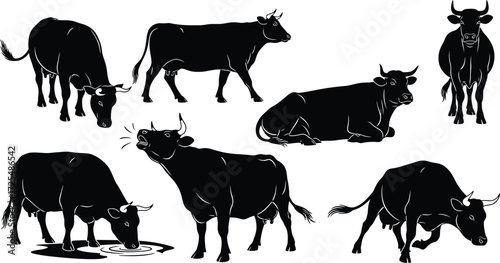 Cow silhouettes, depicting various poses and activities in a farm setting