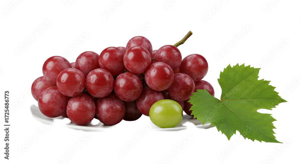 Obraz premium Perfectly ripe deep red grapes on a small white ceramic plate with a green grape leaf, soft diffused lighting, minimalist transparent studio background. Commercial product photography concept