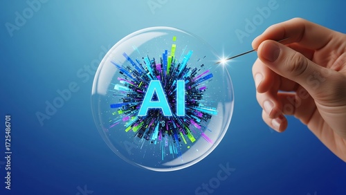 A needle approaches a fragile bubble containing glowing AI data, symbolizing the delicate balance and potential risks of artificial intelligence.