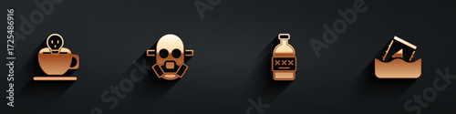 Set Coffee cup with skull, Gas mask, Poisoned alcohol and Radioactive waste in barrel icon with long shadow. Vector