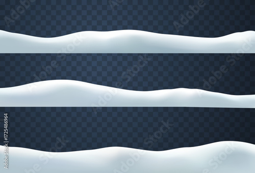 Snow drifts landscape set isolated on transparent background. Christmas borders with frozen hills and snowdrifts. Vector 3d snowbanks cover winter field