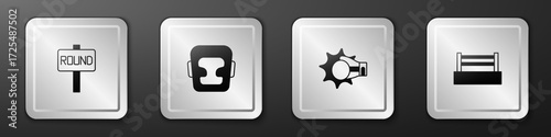 Set Boxing ring board, helmet, Punch boxing glove and icon. Silver square button. Vector