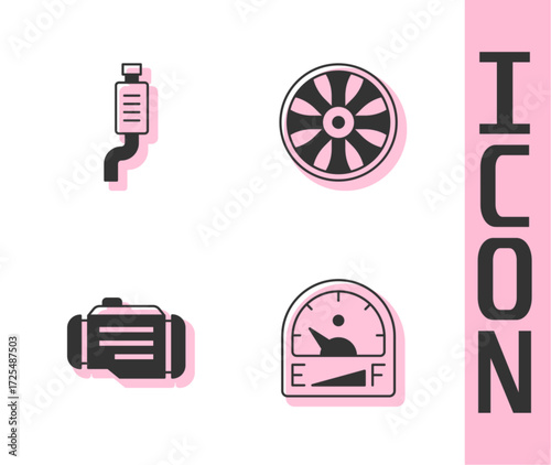 Set Motor gas gauge, Car muffler, Check engine and Alloy wheel for car icon. Vector