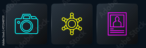 Set line Photo camera, Wanted poster and Hexagram sheriff. Black square button. Vector