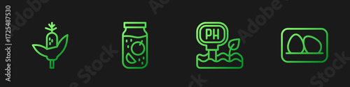 Set line Soil ph testing, Corn, Jam jar and Chicken egg. Gradient color icons. Vector