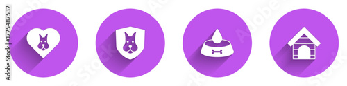 Set Heart with dog, Animal health insurance, Pet food bowl for cat or and Dog house icon with long shadow. Vector