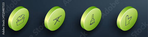 Set Isometric line Basin with shirt, Ironing board, Feather broom and Toilet bowl icon. Vector