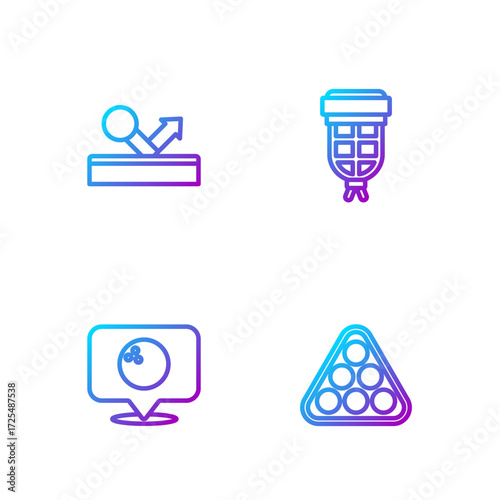 Set line Billiard balls in rack triangle, Location with bowling, and pocket. Gradient color icons. Vector