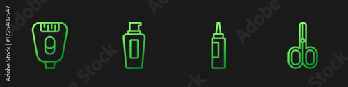 Set line Cream or lotion cosmetic tube, Epilator, Bottle of shampoo and Scissors. Gradient color icons. Vector